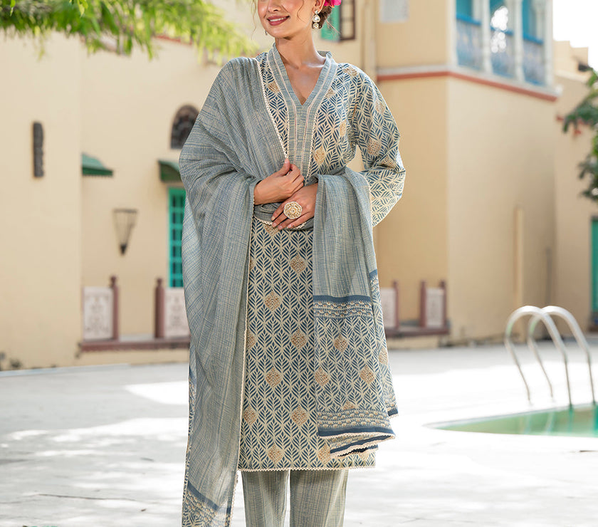 Divena Grey Floral Print Pure Cotton Straight Kurta & Trouser with Dupatta