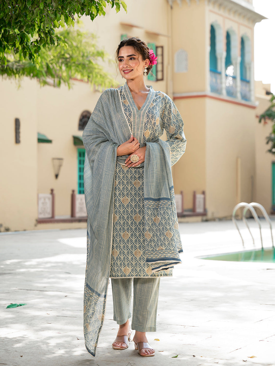 Divena Grey Floral Print Pure Cotton Straight Kurta & Trouser with Dupatta