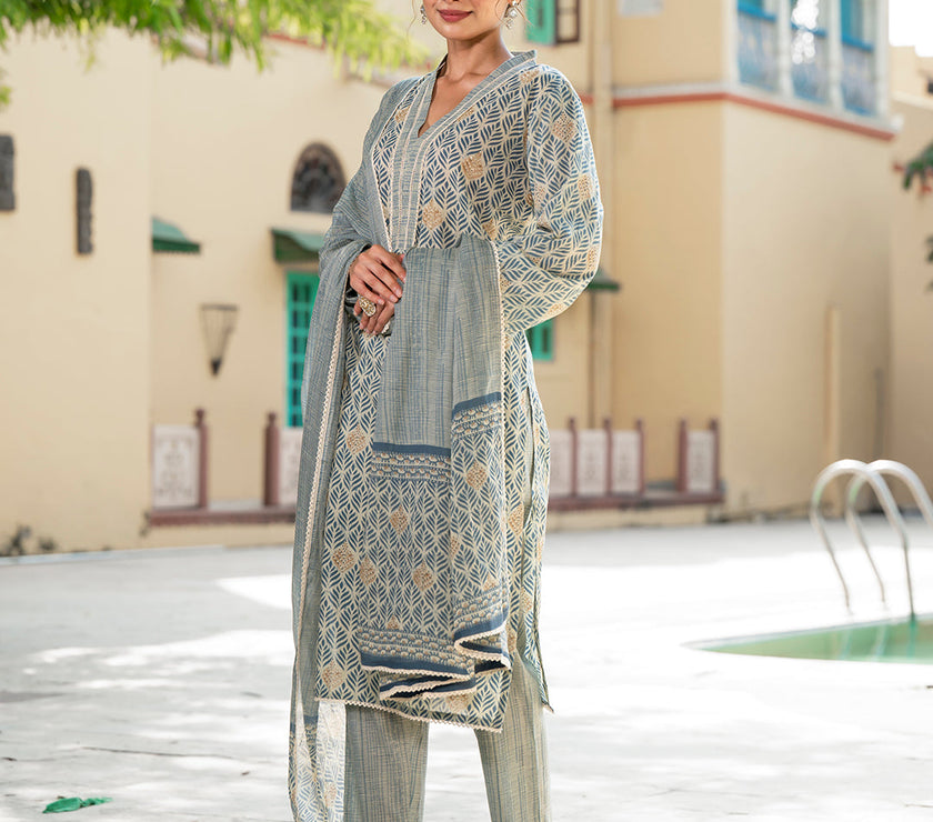 Divena Grey Floral Print Pure Cotton Straight Kurta & Trouser with Dupatta