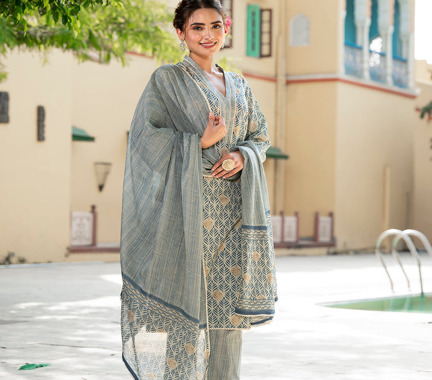 Divena Grey Floral Print Pure Cotton Straight Kurta & Trouser with Dupatta