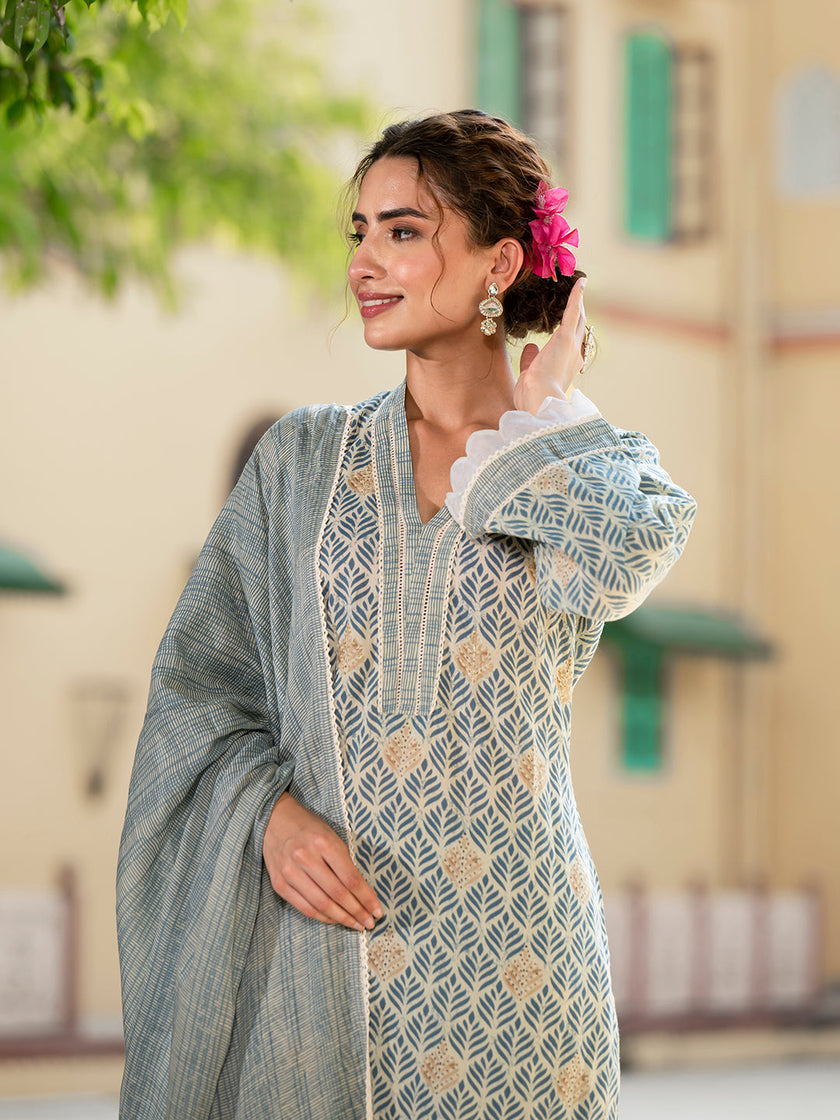 Divena Grey Floral Print Pure Cotton Straight Kurta & Trouser with Dupatta