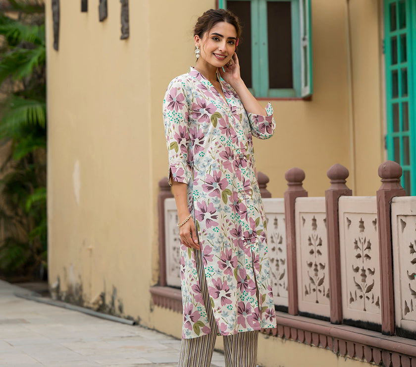 Divena Lavender Floral Print Pure Cotton Straight Kurta with Trouser