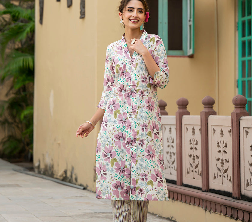 Divena Lavender Floral Print Pure Cotton Straight Kurta with Trouser