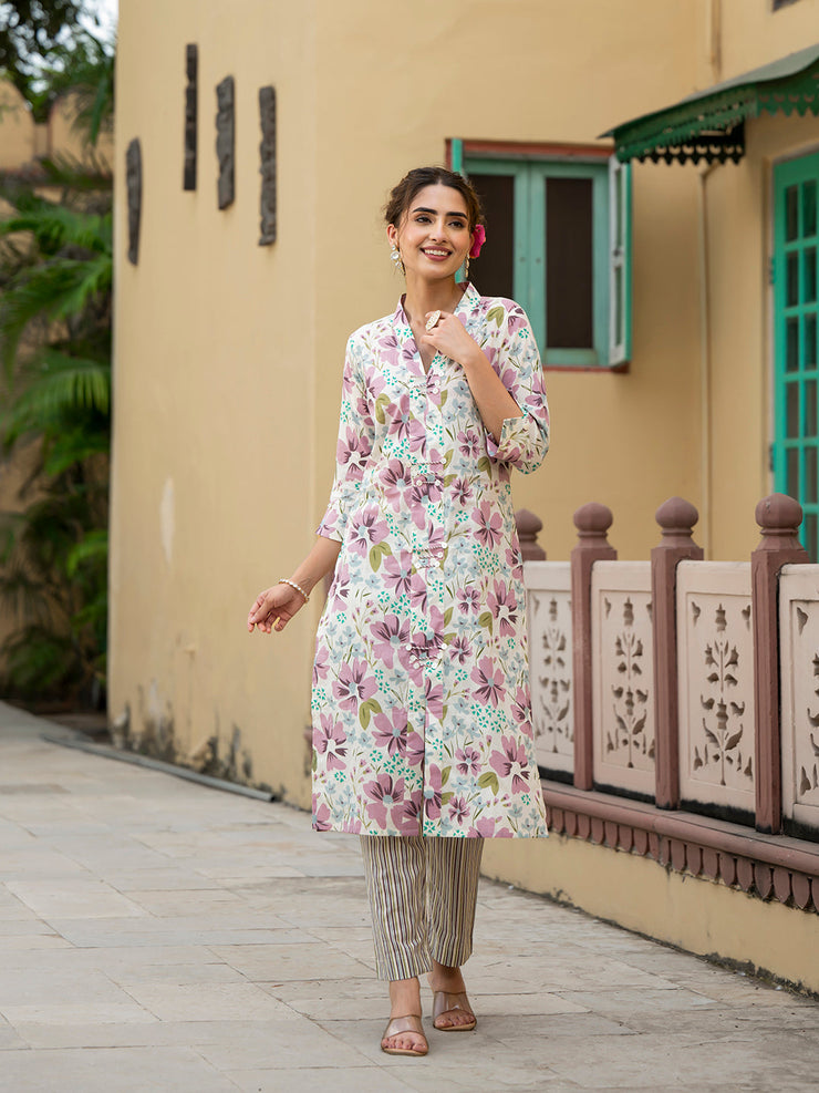 Divena Lavender Floral Print Pure Cotton Straight Kurta with Trouser