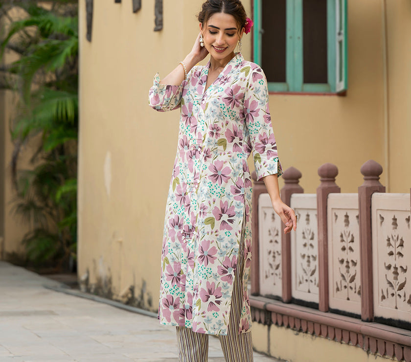 Divena Lavender Floral Print Pure Cotton Straight Kurta with Trouser