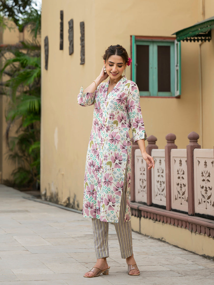 Divena Lavender Floral Print Pure Cotton Straight Kurta with Trouser