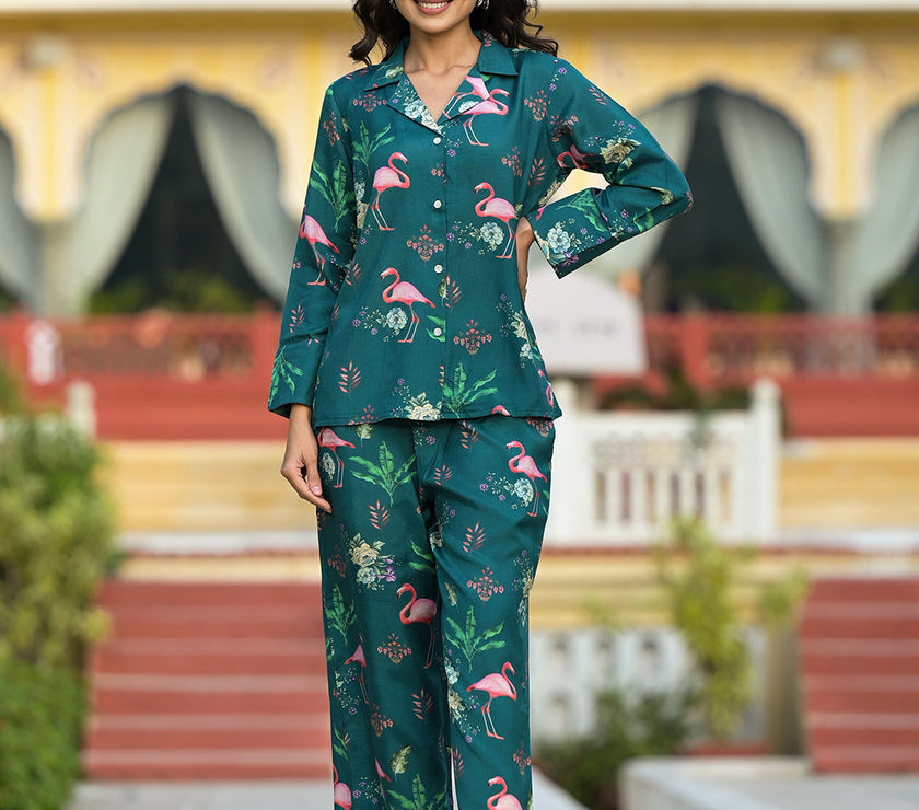 Divena Green Floral Printed Muslin Co-ord Set