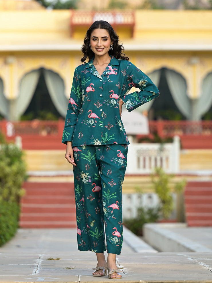 Divena Green Floral Printed Muslin Co-ord Set