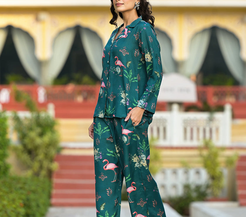 Divena Green Floral Printed Muslin Co-ord Set