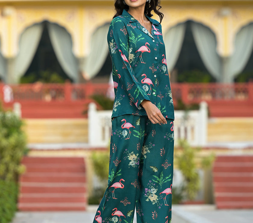 Divena Green Floral Printed Muslin Co-ord Set