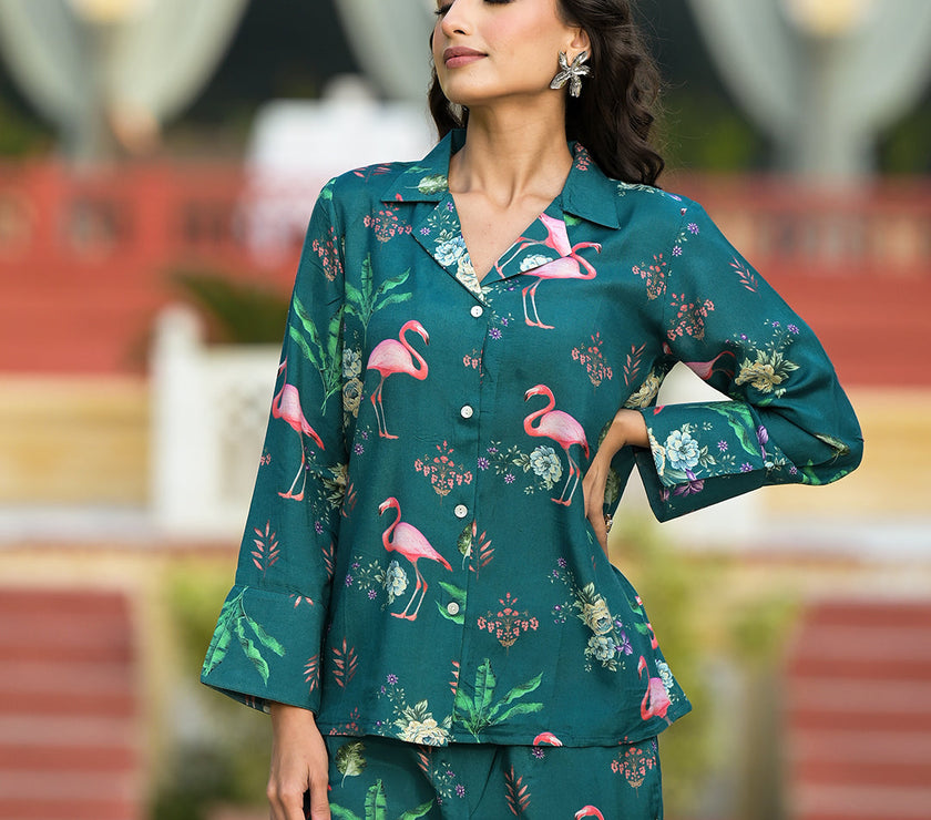 Divena Green Floral Printed Muslin Co-ord Set