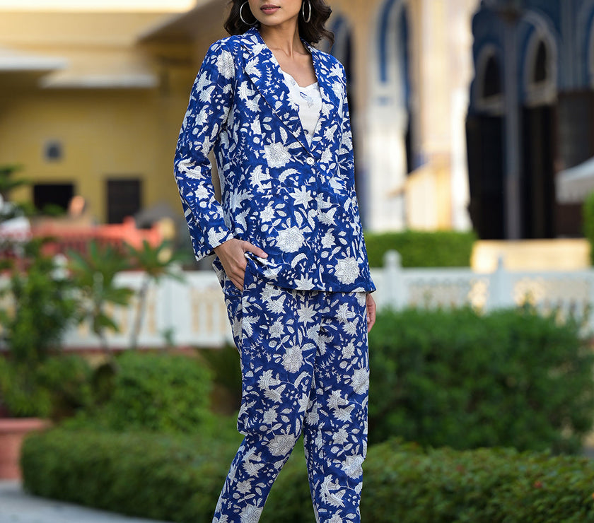 Divena Blue & White Floral handblock Printed Co-ord Set