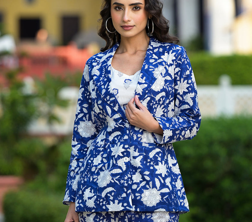 Divena Blue & White Floral handblock Printed Co-ord Set