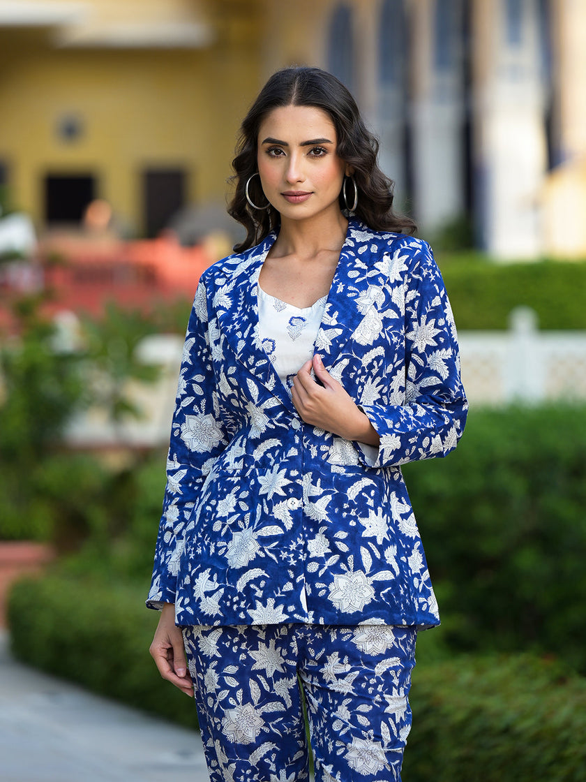 Divena Blue & White Floral handblock Printed Co-ord Set