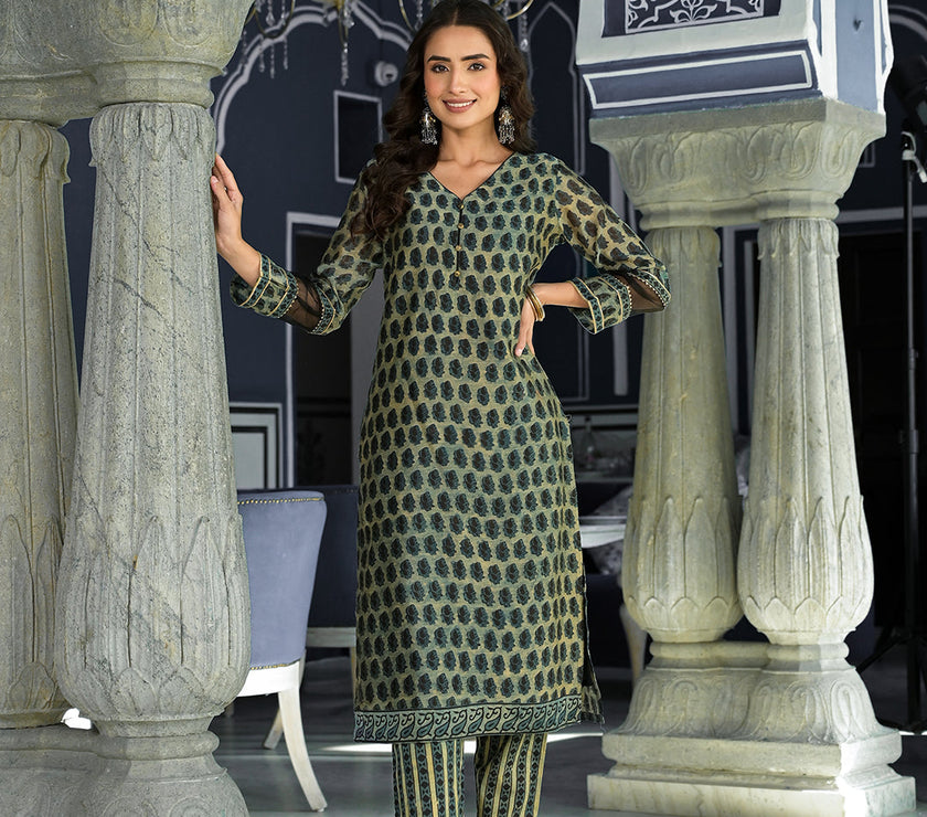 Divena Green Ethnic Printed Chanderi Silk Kurta Trouser with Dupatta Set