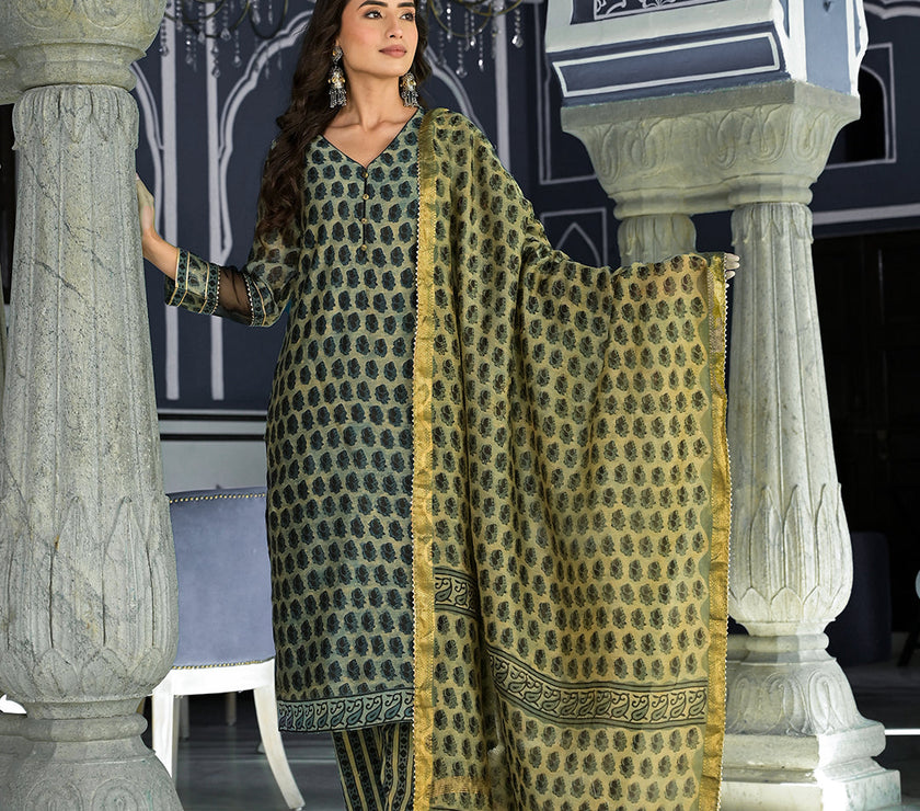 Divena Green Ethnic Printed Chanderi Silk Kurta Trouser with Dupatta Set