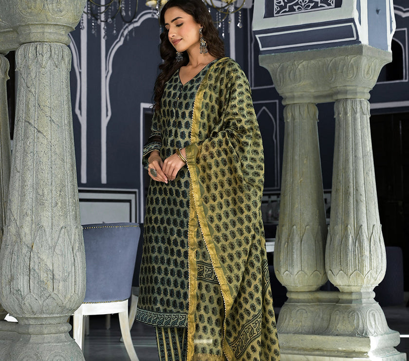 Divena Green Ethnic Printed Chanderi Silk Kurta Trouser with Dupatta Set