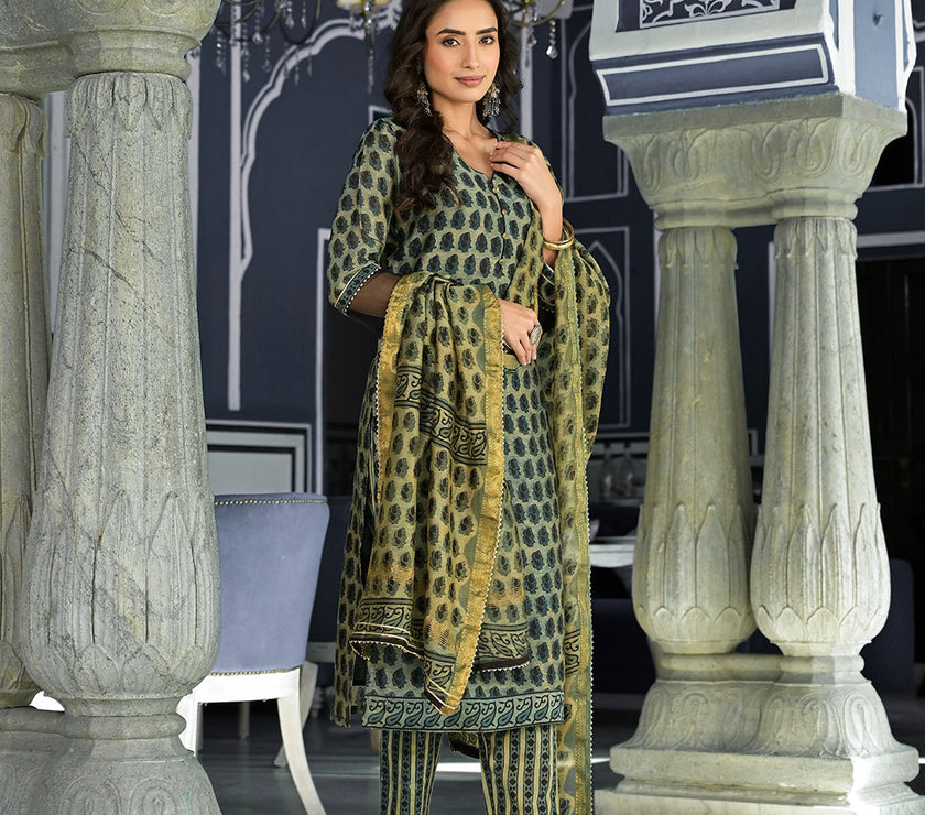 Divena Green Ethnic Printed Chanderi Silk Kurta Trouser with Dupatta Set