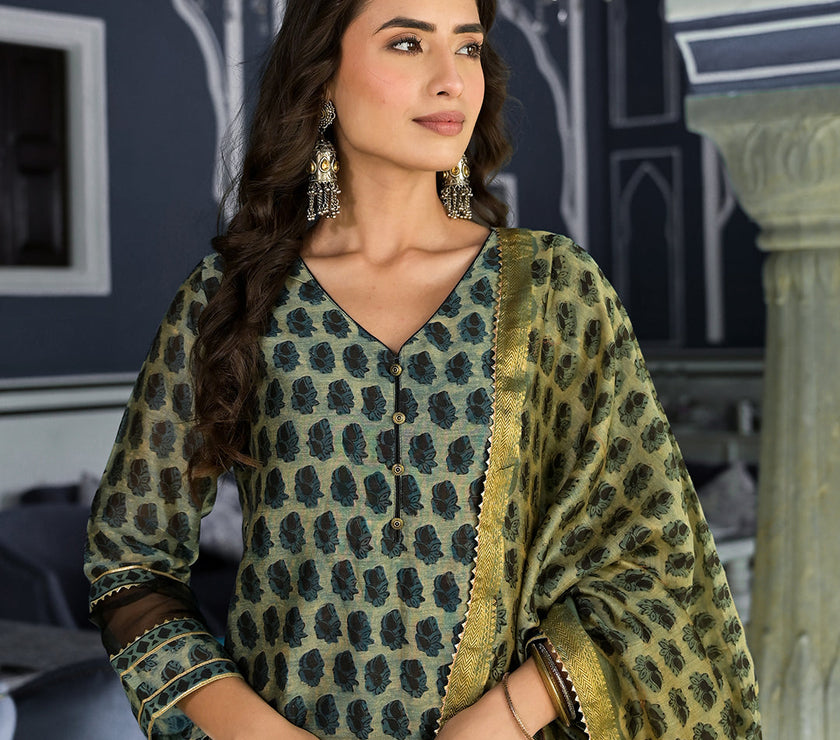 Divena Green Ethnic Printed Chanderi Silk Kurta Trouser with Dupatta Set