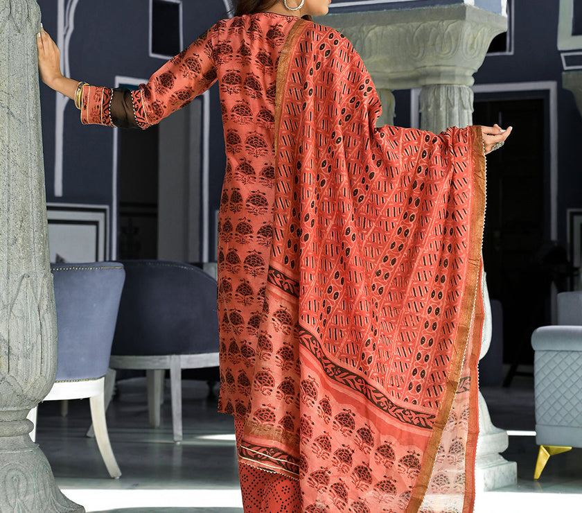 Divena Maroon Ethnic Printed Chanderi Silk Kurta Set with Maheshwari Silk Dupatta