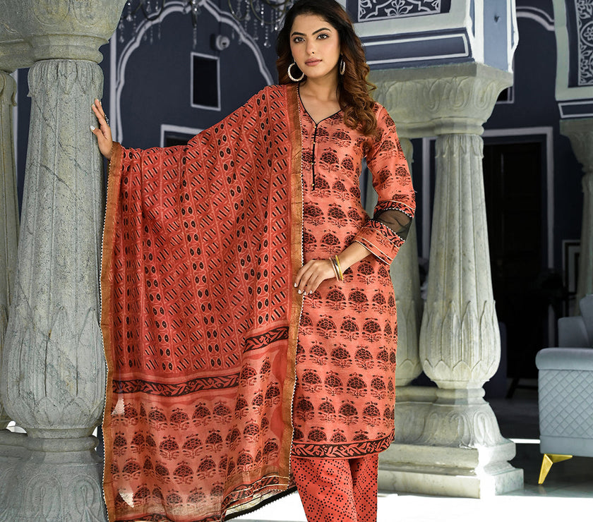 Divena Maroon Ethnic Printed Chanderi Silk Kurta Set with Maheshwari Silk Dupatta