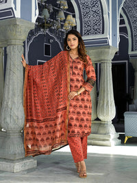 Divena Maroon Ethnic Printed Chanderi Silk Kurta Set with Maheshwari Silk Dupatta