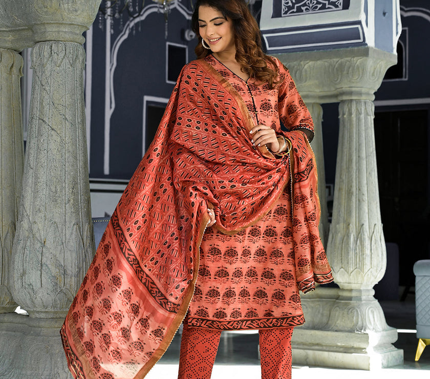 Divena Maroon Ethnic Printed Chanderi Silk Kurta Set with Maheshwari Silk Dupatta