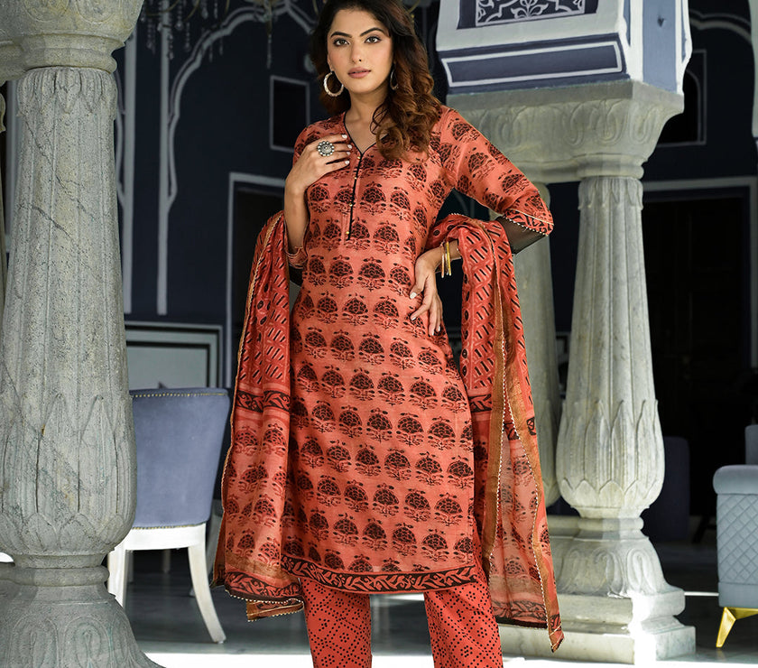 Divena Maroon Ethnic Printed Chanderi Silk Kurta Set with Maheshwari Silk Dupatta