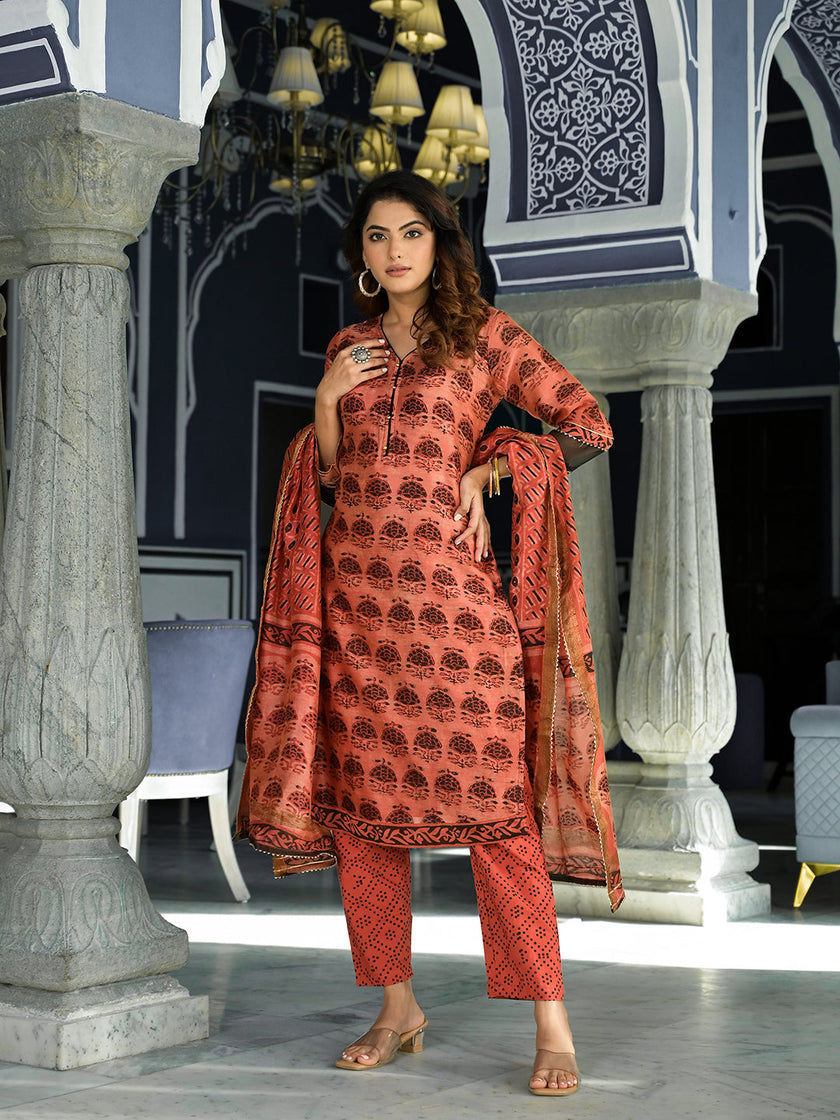 Divena Maroon Ethnic Printed Chanderi Silk Kurta Set with Maheshwari Silk Dupatta