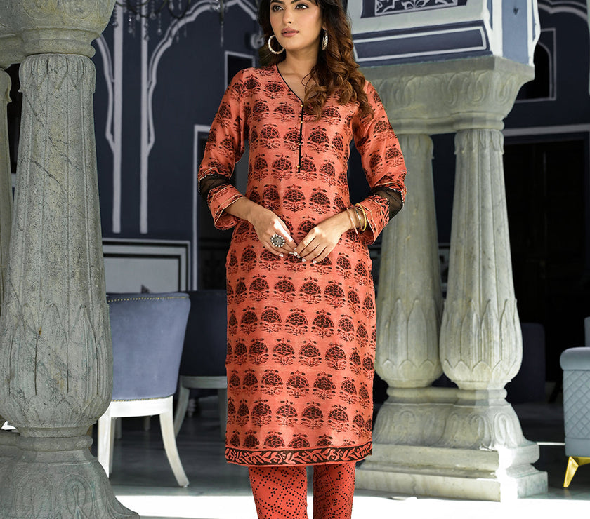 Divena Maroon Ethnic Printed Chanderi Silk Kurta Set with Maheshwari Silk Dupatta