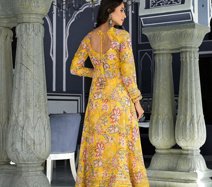 Divena Yellow Floral Printed Anarkali Muslin Kurta Trouser with Dupatta Set