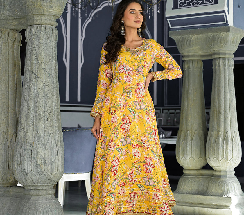 Divena Yellow Floral Printed Anarkali Muslin Kurta Trouser with Dupatta Set