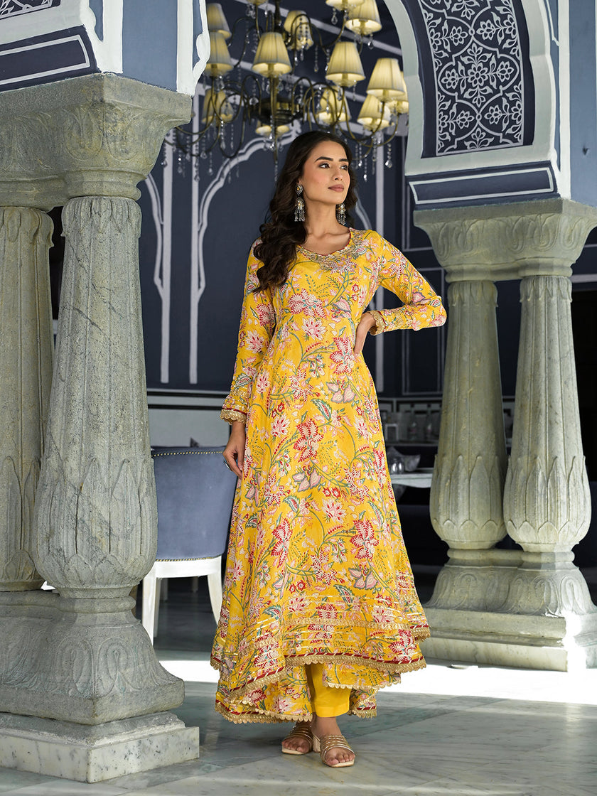 Divena Yellow Floral Printed Anarkali Muslin Kurta Trouser with Dupatta Set