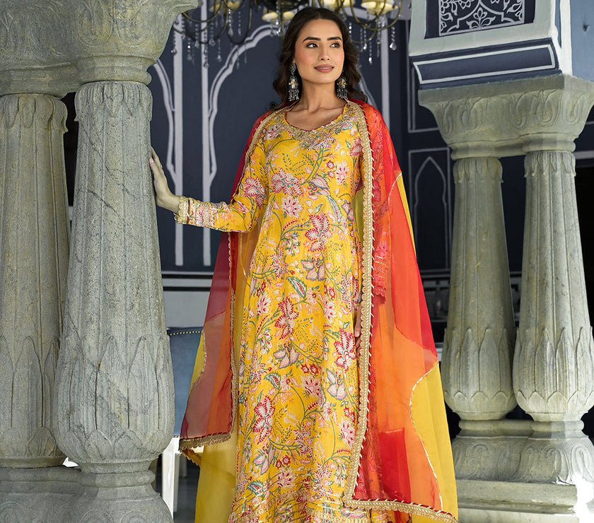 Divena Yellow Floral Printed Anarkali Muslin Kurta Trouser with Dupatta Set