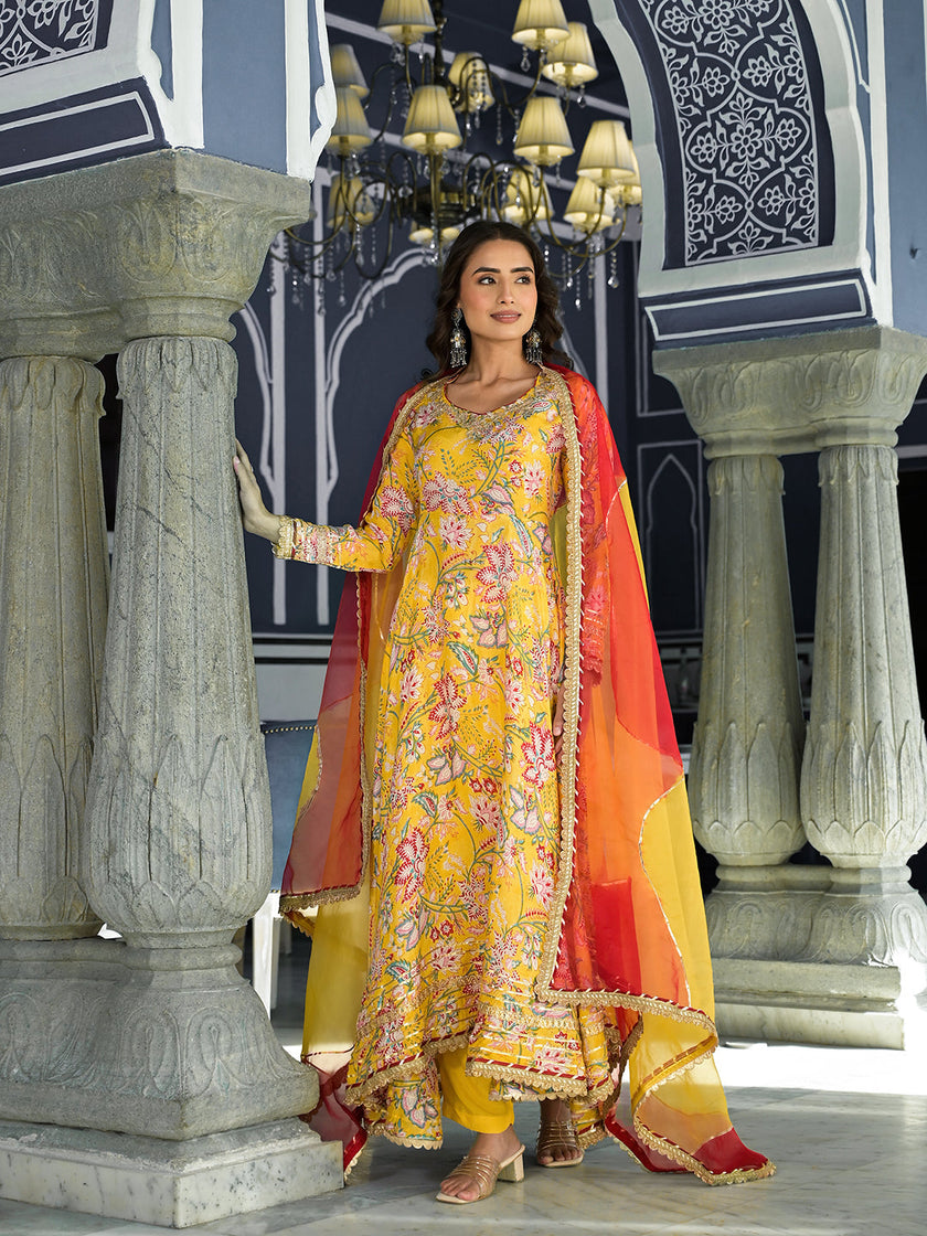 Divena Yellow Floral Printed Anarkali Muslin Kurta Trouser with Dupatta Set