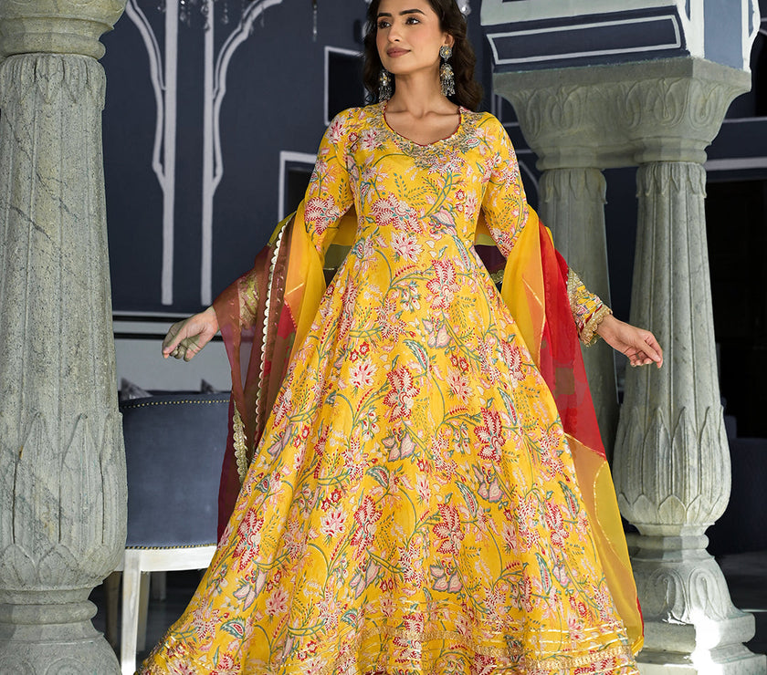 Divena Yellow Floral Printed Anarkali Muslin Kurta Trouser with Dupatta Set