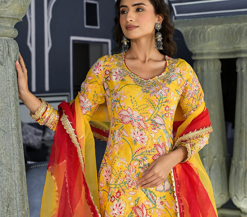 Divena Yellow Floral Printed Anarkali Muslin Kurta Trouser with Dupatta Set