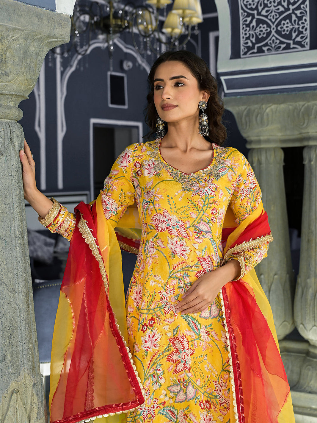 Divena Yellow Floral Printed Anarkali Muslin Kurta Trouser with Dupatta Set