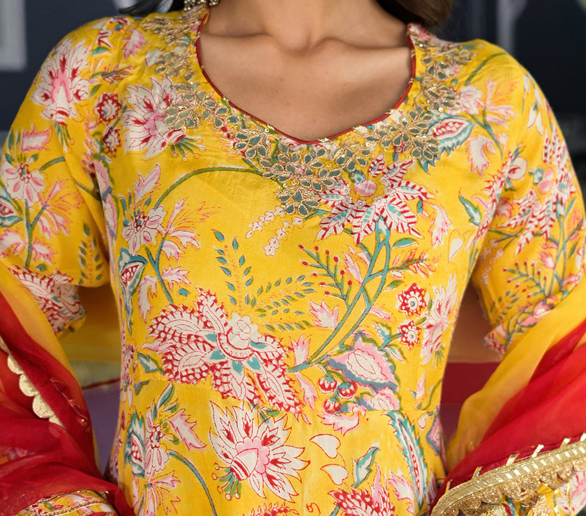 Divena Yellow Floral Printed Anarkali Muslin Kurta Trouser with Dupatta Set