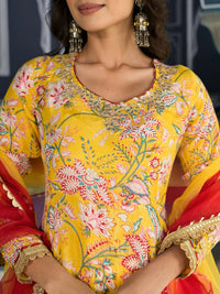 Divena Yellow Floral Printed Anarkali Muslin Kurta Trouser with Dupatta Set