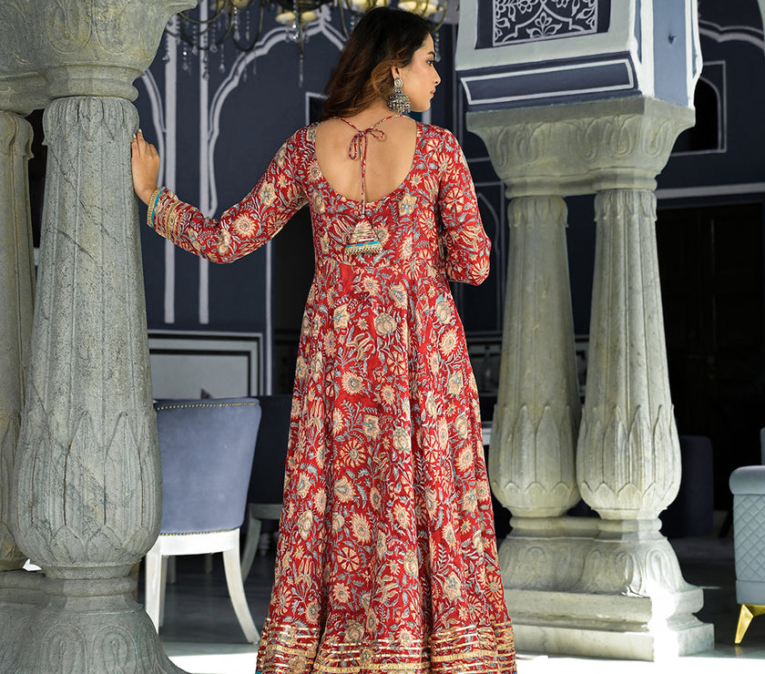 Divena Red Floral Printed Anarkali Muslin Kurta Trouser with Dupatta Set