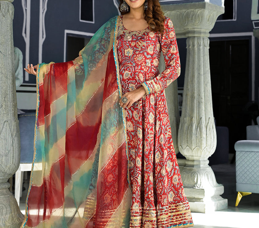 Divena Red Floral Printed Anarkali Muslin Kurta Trouser with Dupatta Set