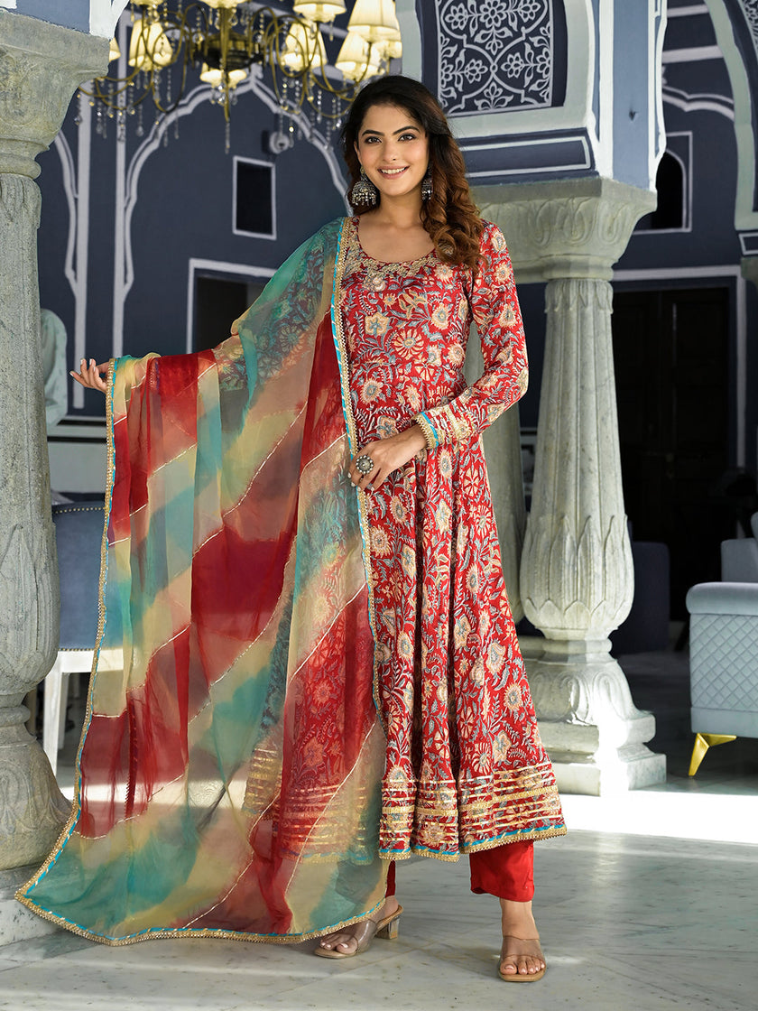 Divena Red Floral Printed Anarkali Muslin Kurta Trouser with Dupatta Set