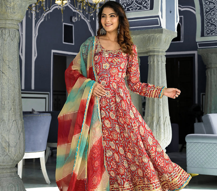 Divena Red Floral Printed Anarkali Muslin Kurta Trouser with Dupatta Set