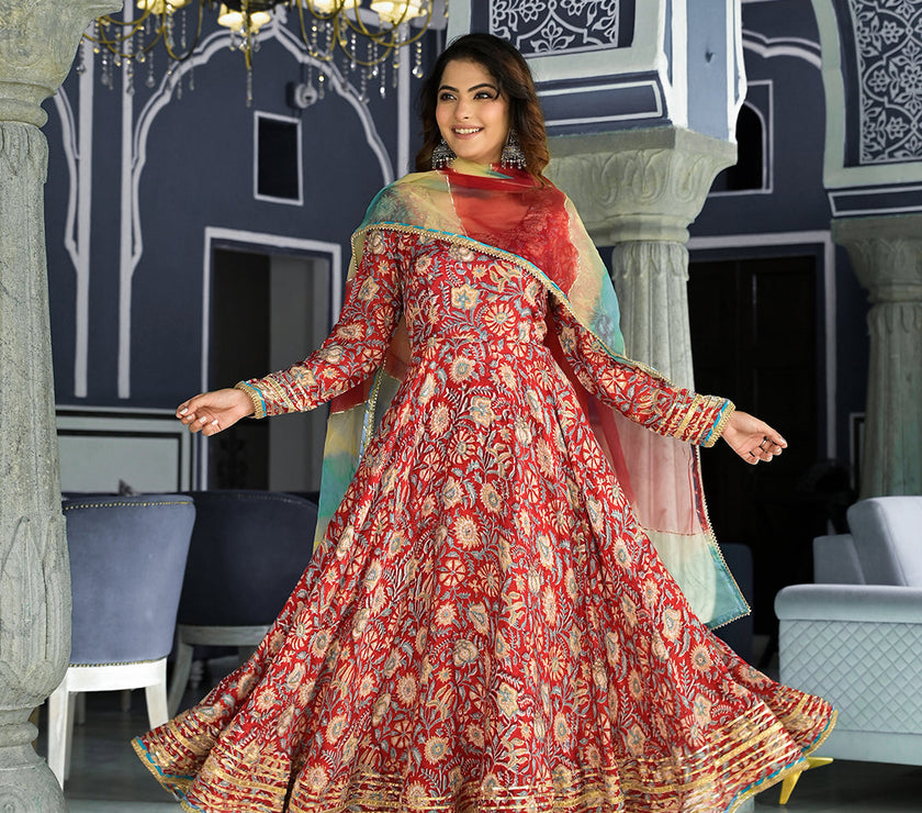 Divena Red Floral Printed Anarkali Muslin Kurta Trouser with Dupatta Set