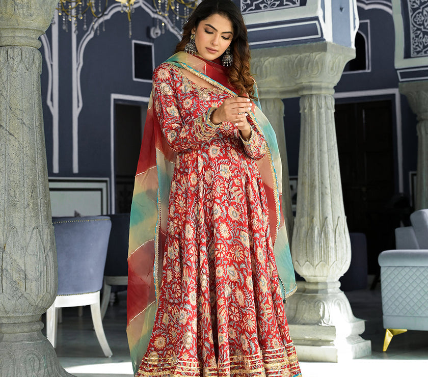 Divena Red Floral Printed Anarkali Muslin Kurta Trouser with Dupatta Set