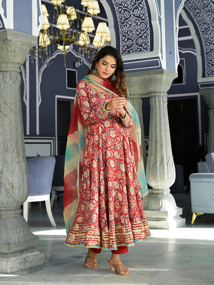 Divena Red Floral Printed Anarkali Muslin Kurta Trouser with Dupatta Set