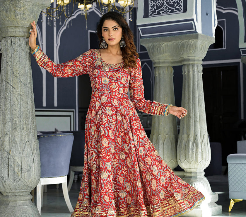 Divena Red Floral Printed Anarkali Muslin Kurta Trouser with Dupatta Set