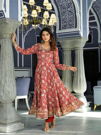 Divena Red Floral Printed Anarkali Muslin Kurta Trouser with Dupatta Set