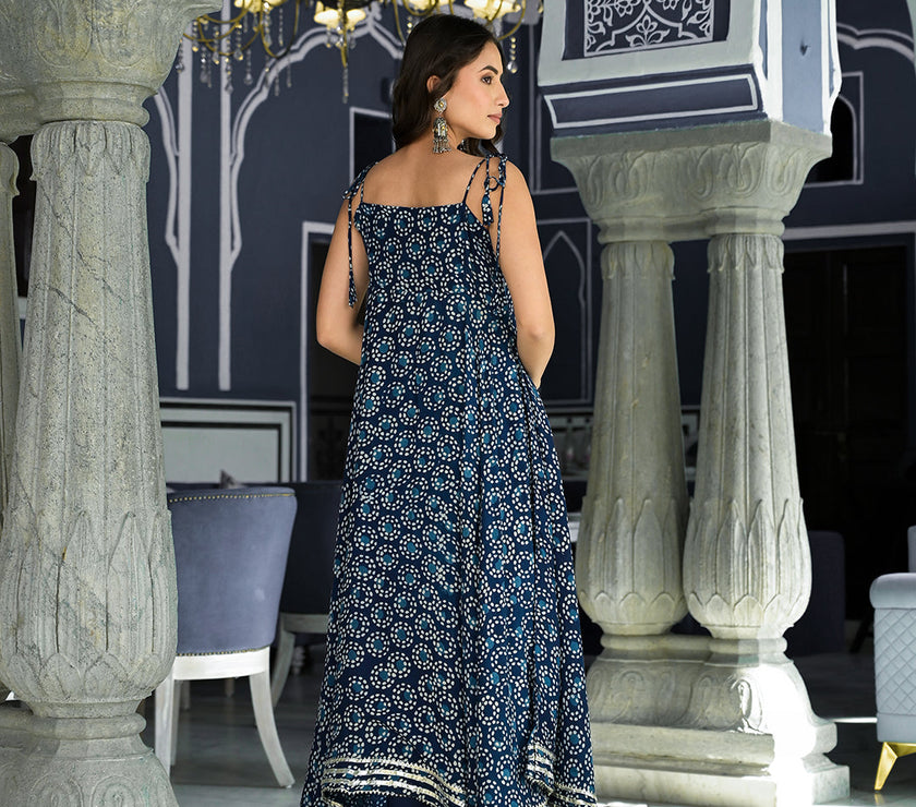 Divena Blue Printed Anarkali Muslin Shoulder Stripe Kurta Trouser with Dupatta Set